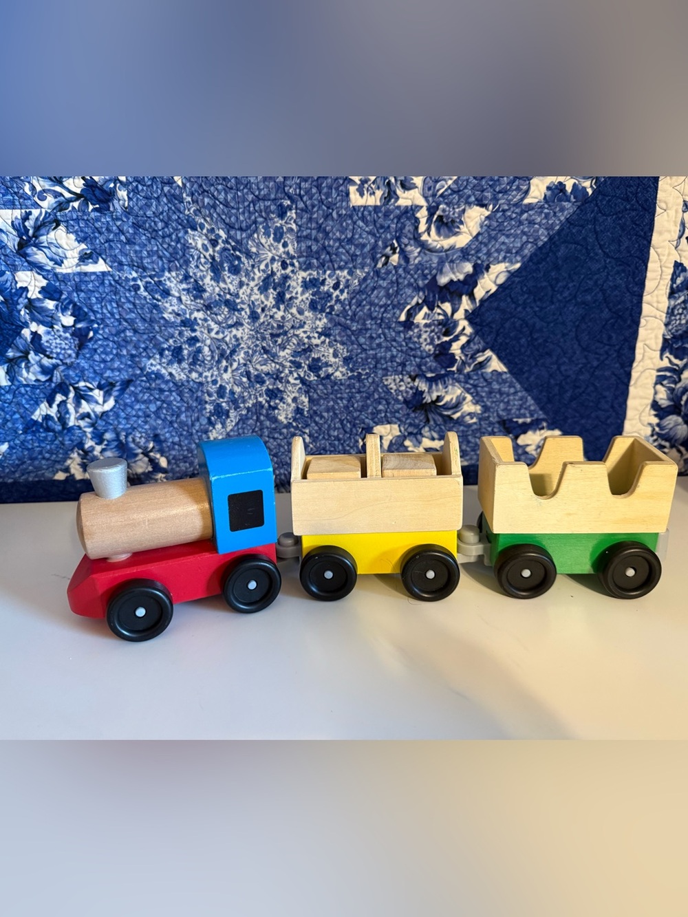 Melissa & Doug Wooden Toy Train Set - Red, Blue, Yellow & Green